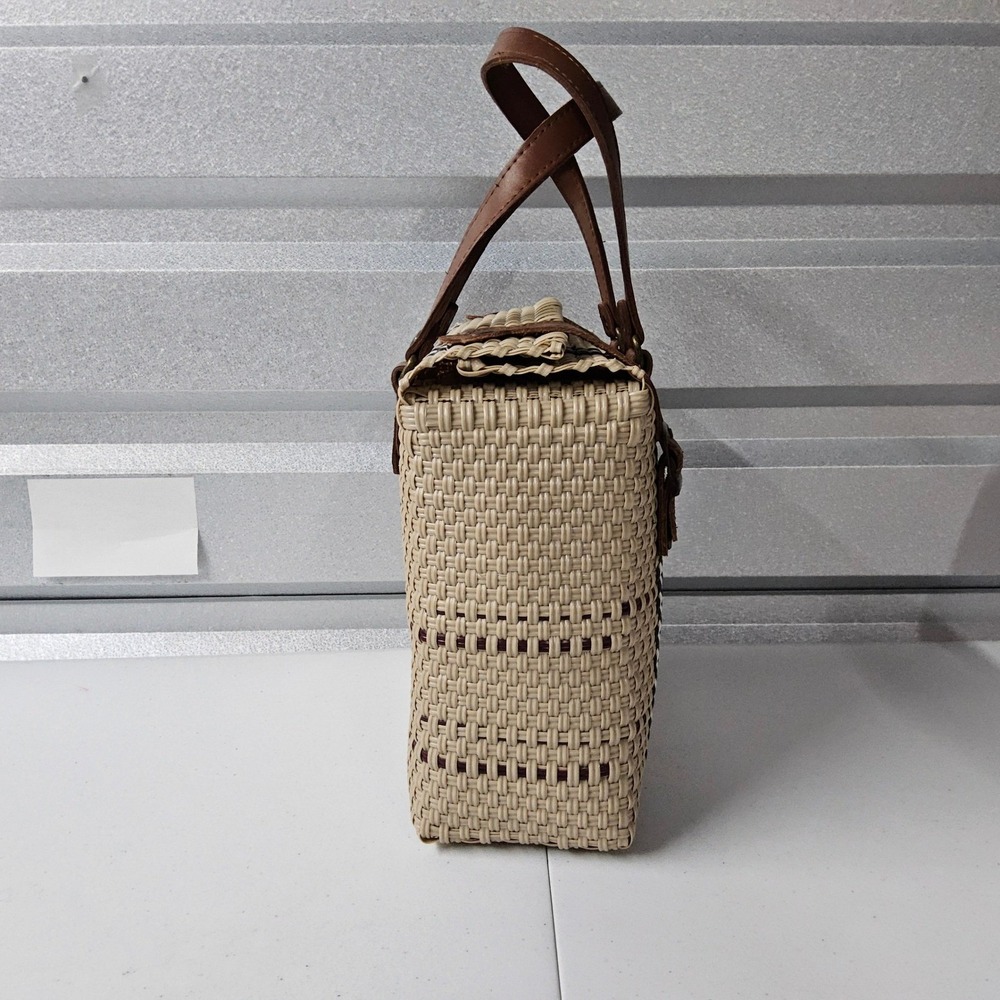 Handmade Woven Straw Handbag Purse Top Handle Satchel Bag Beige Brown Medium MX - Picture 6 of 14